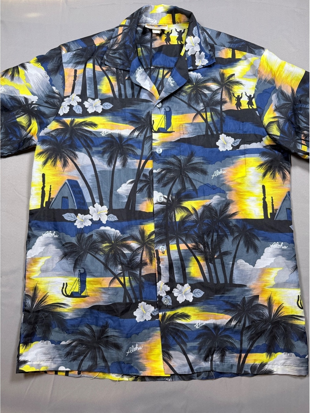Vintage Made in Hawaii Aloha Hawaiian Shirt Men’s Blue Yellow Palm Tree Tropical